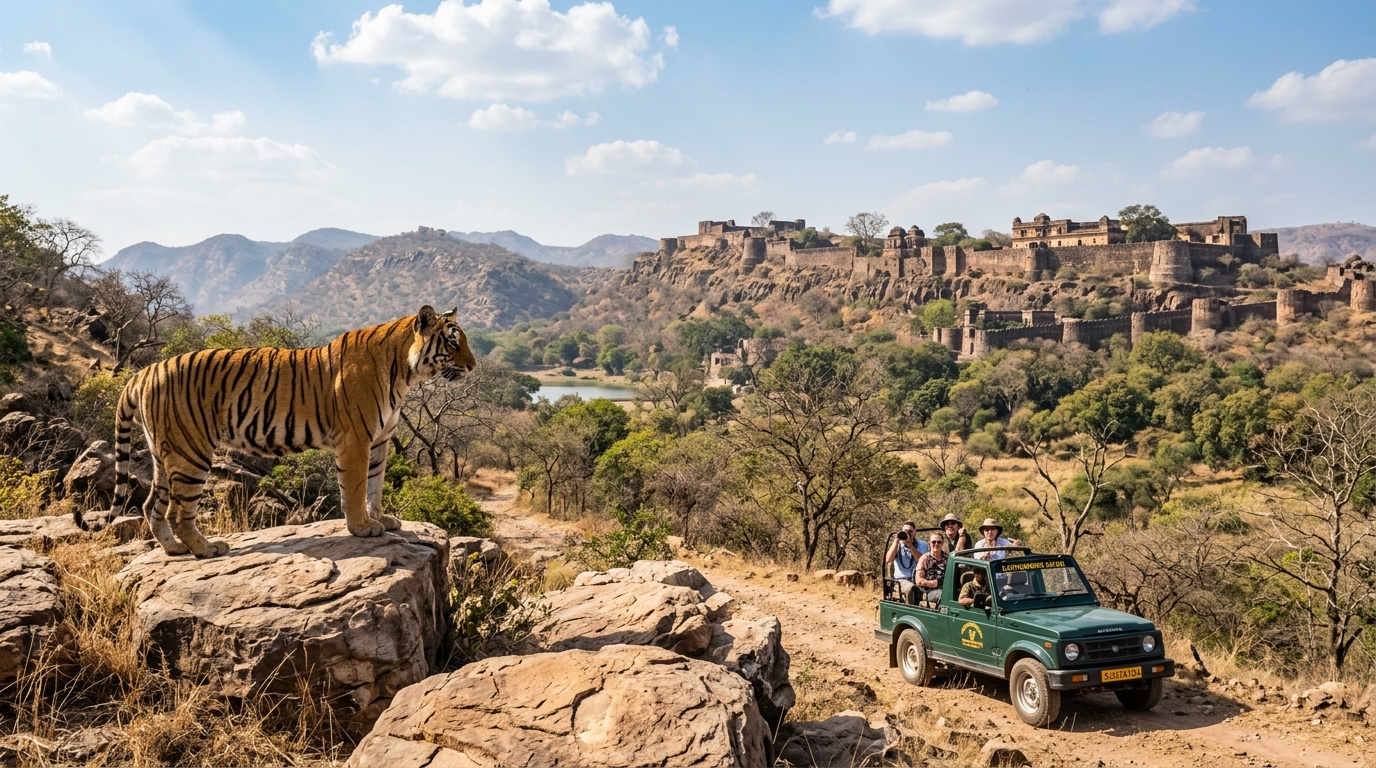 Ranthambore National Park with Bengal Tiger, Ancient Fort and Safari Gypsy